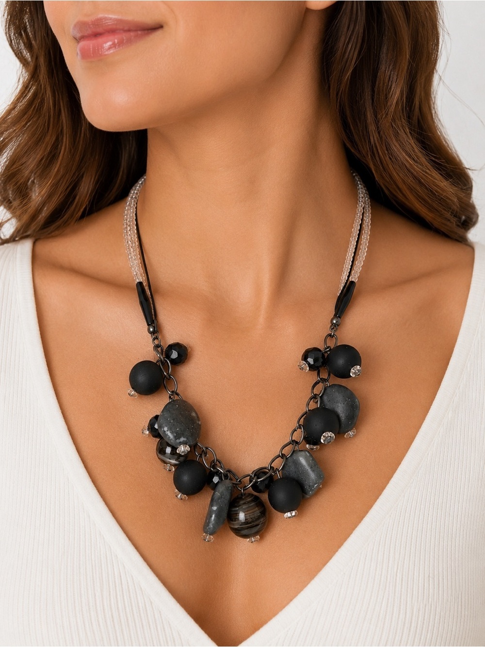 Double Strand Gray Black Beaded Statement Necklace Modern Artisan Boho Chic - Picture 3 of 7